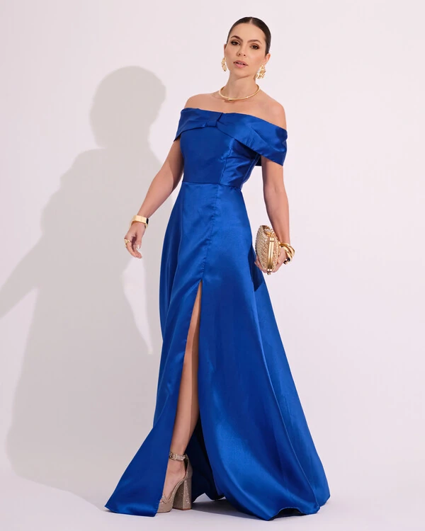 Vestido de Festa Longo Ombro a Ombro Laço Zibeline com Fenda Azul Royal