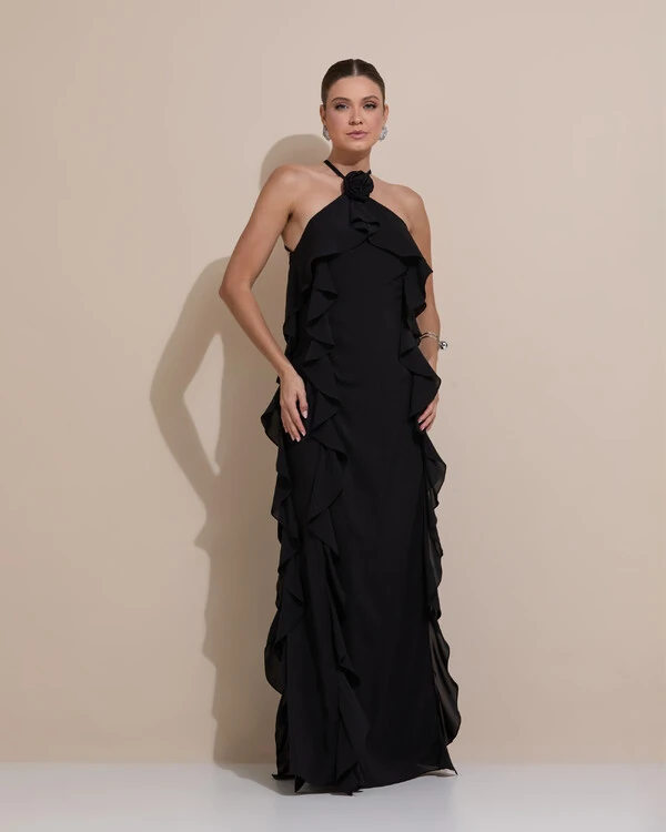 Vestido de Festa Longo Crepe Chiffon Frente Única Babados Cascata e Flor Preto