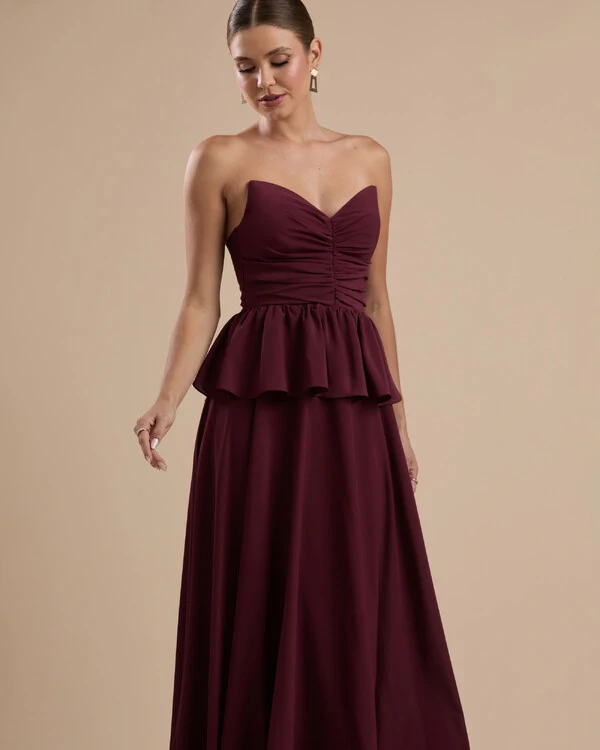 Vestido de Festa Longo Crepe Chiffon Tomara que Caia Peplum Drapeado Marsala