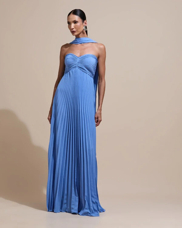 Vestido de Festa Longo Tomara que Caia Plissado com Lenço Azul Atlantis