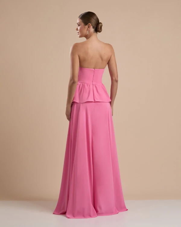 Vestido de Festa Longo Crepe Chiffon Tomara que Caia Peplum Drapeado Rosa