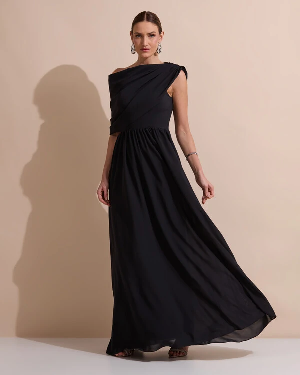 Vestido de Festa Longo Um Ombro Só Crepe Chiffon Capa Drapeado Preto