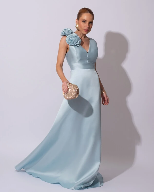 Vestido de Festa longo Zibeline Decote em V com Flores Removivel Tiffany