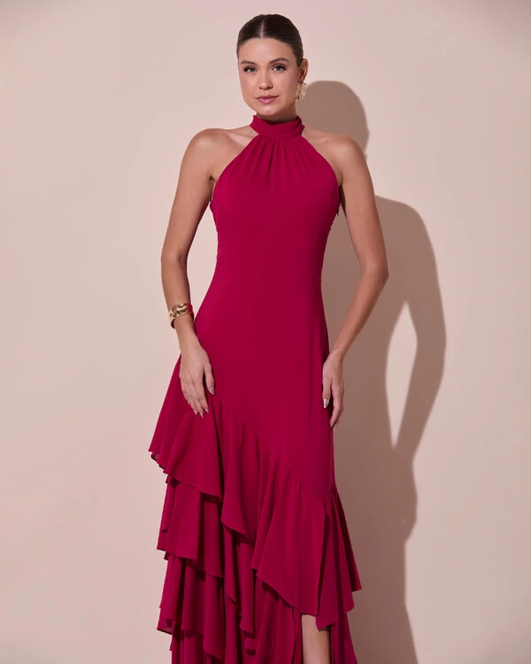 Vestido de Festa Longo Chiffon Crepe Gola Alta Babados Cereja