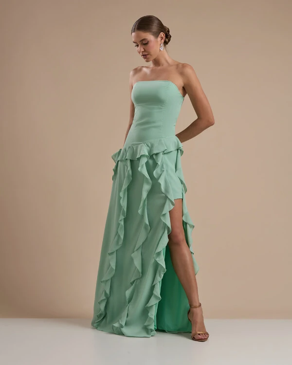Vestido de festa Longo Tomara que Caia Crepe Chiffon com Bababos Cascata e Fenda Verde Menta