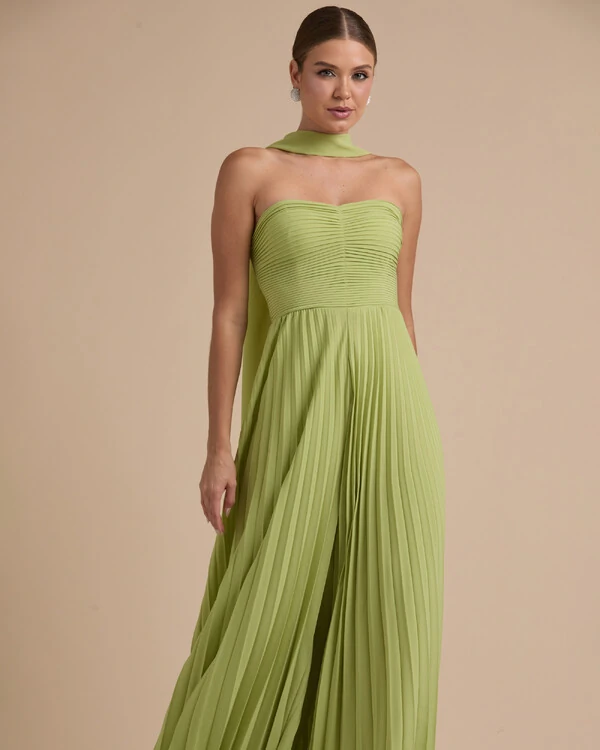 Macacão de Festa Longo Crepe Chiffon Tomara que Caia Plissado com Lenço Verde Garden