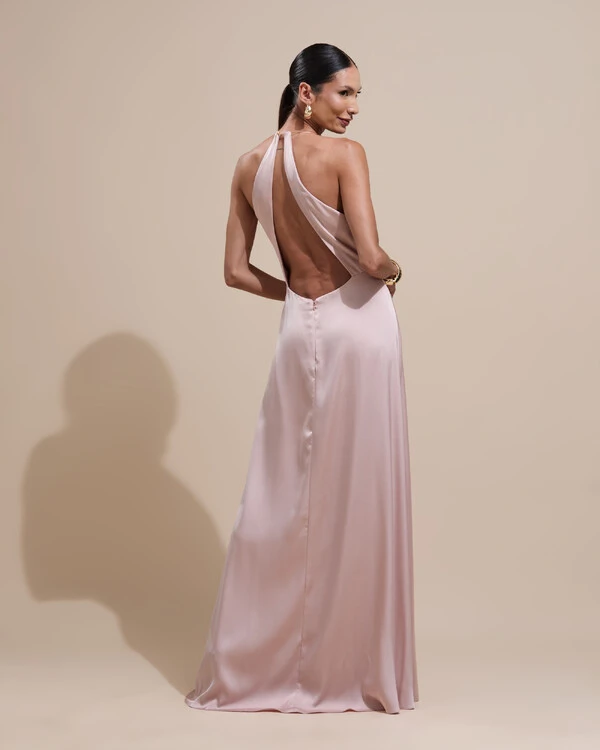 Vestido de Festa Longo Cetim Fluido com Argola Frente Única Rosa Nude