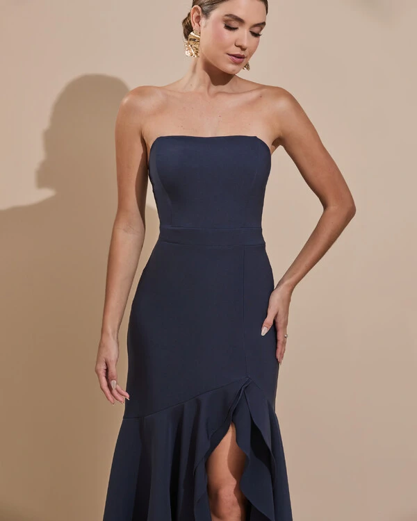 Vestido Longo com Fenda de Babados Alfaiataria Azul Marinho Escuro