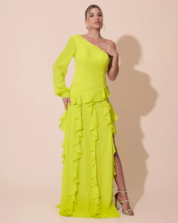Vestido de Festa Longo Crepe Um Ombro Só Manga Longa e Babados Cascata Fenda Verde Lima