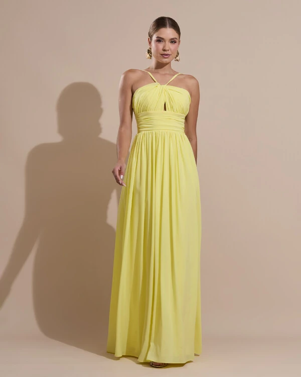 Vestido de Festa Longo Crepe Chiffon Drapeado com Alças Finas Amarelo Manteiga