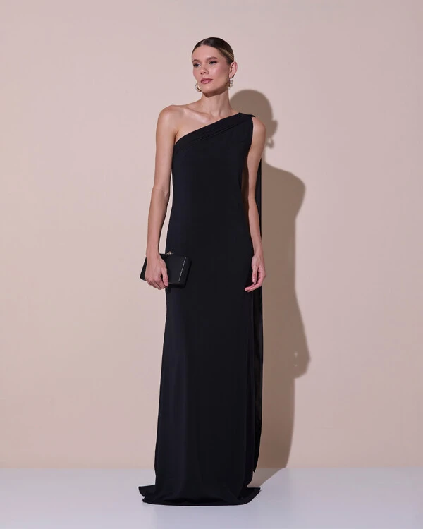 Vestido de Festa Longo Crepe Chiffon Um Ombro Só Drapeado Preto