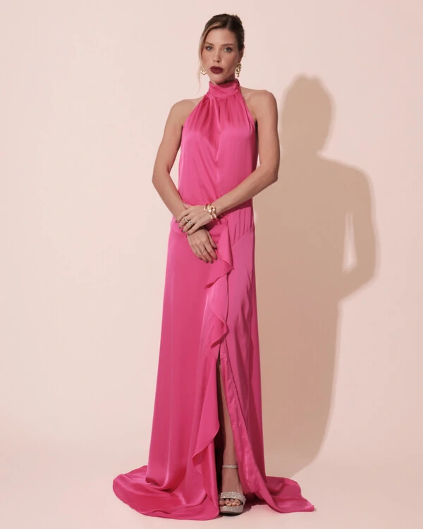 Vestido Longo de Festa Cetim Fluido Gola Alta e Babado Cascata Pink