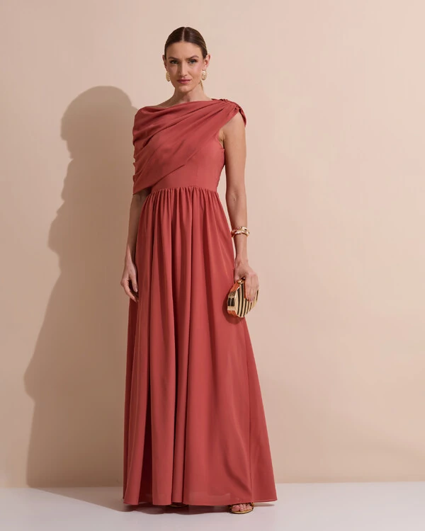 Vestido de Festa Longo Um Ombro Só Crepe Chiffon Capa Drapeado Terracota