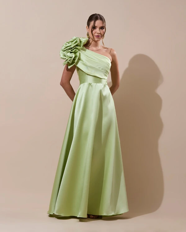 Vestido de Festa Longo Zibeline um Ombro Só Flor Drapeado Verde Lima New
