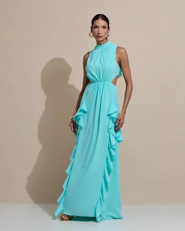 Vestido de Festa Longo Gola Alta Crepe Chiffon Recortes Babados Cascata Tiffany