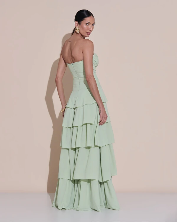 Vestido de Festa Longo Tomara que Caia Drapeado Crepe Chiffon Babados Camadas Verde Menta New