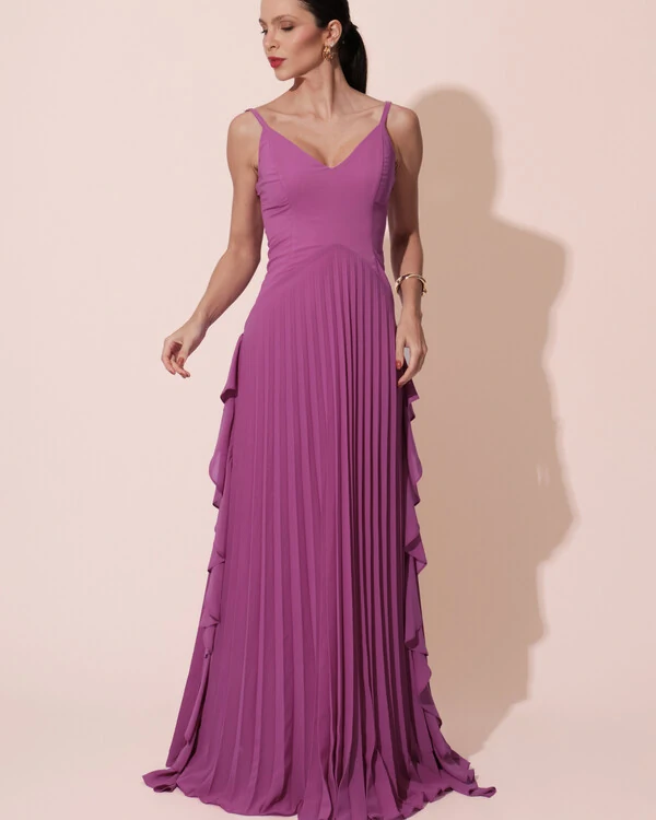 Vestido de Festa Longo Crepe Chiffon Alça Fina Saia Plissada com Babado Cascata Fúcsia