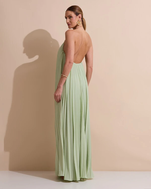 Vestido de Festa Longo Frente Única Plissado Crepe Chiffon Argola Verde Menta New