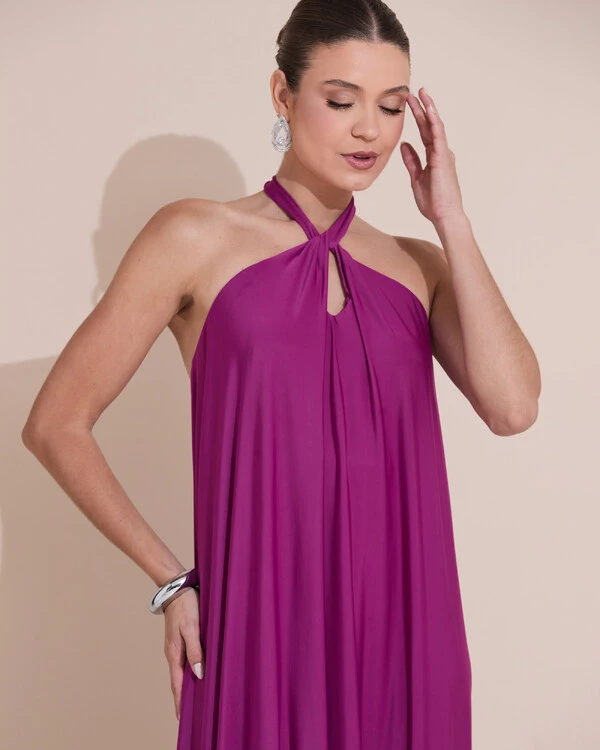 Vestido Longo com Amarração em Malha Fúcsia