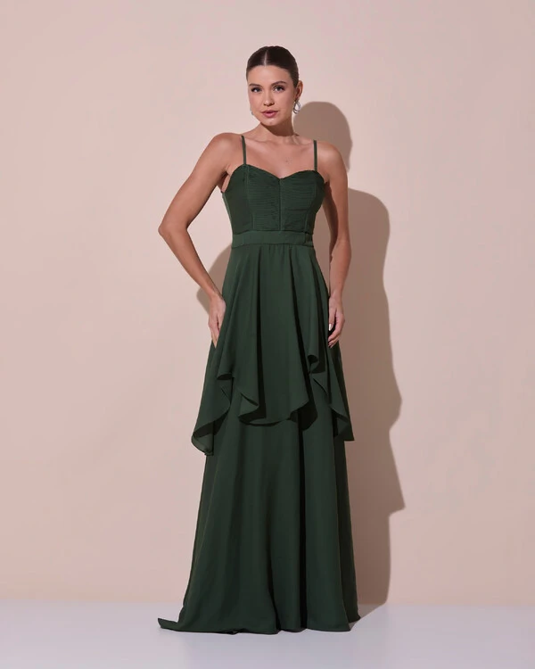 Vestido de Festa Longo Decote Coração Plissado Crepe Chiffon Babados Cascata Verde Escuro New
