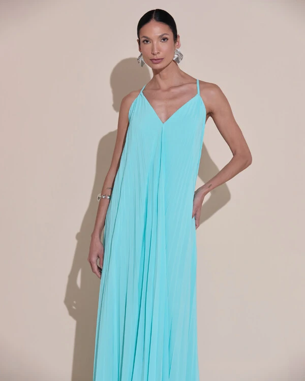 Vestido de Festa Longo Plissado Crepe Chiffon Decote V Alças Finas Tiffany