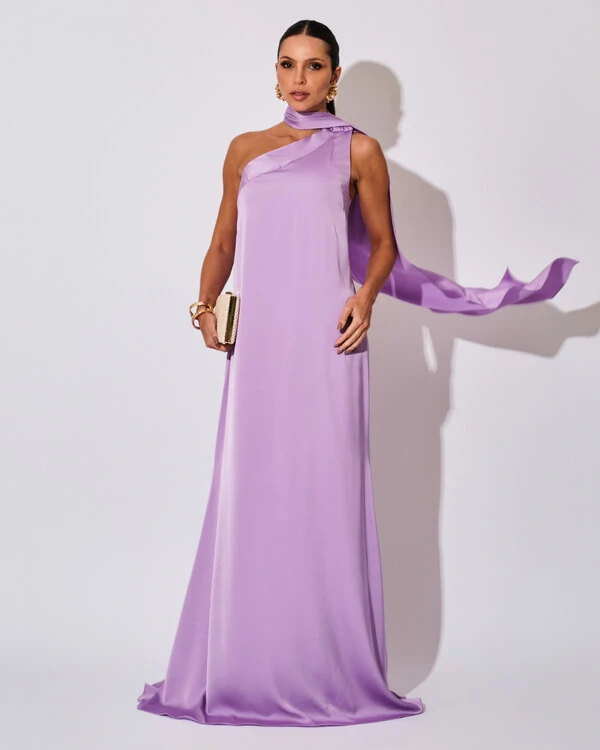 Vestido de Festa Longo Cetim Fluido Um Ombro Só Lenço Fixo Lilás