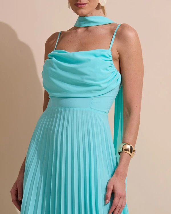 Vestido de Festa Longo Crepe Chiffon Plissado Trançado e Lenço Tiffany
