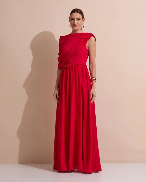 Vestido de Festa Longo Um Ombro Só Crepe Chiffon Capa Drapeado Vermelho
