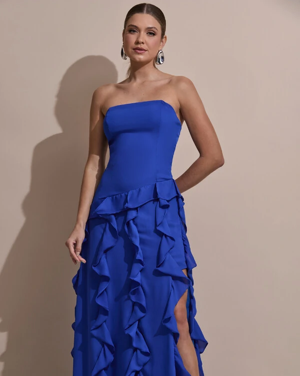 Vestido de festa Longo Tomara que Caia Crepe Chiffon com Babados Cascata e Fenda Azul Royal