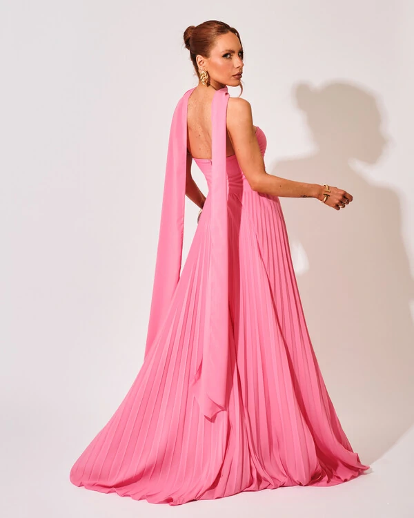 Vestido de Festa Longo Tomara que Caia Plissado com Lenço Rosa