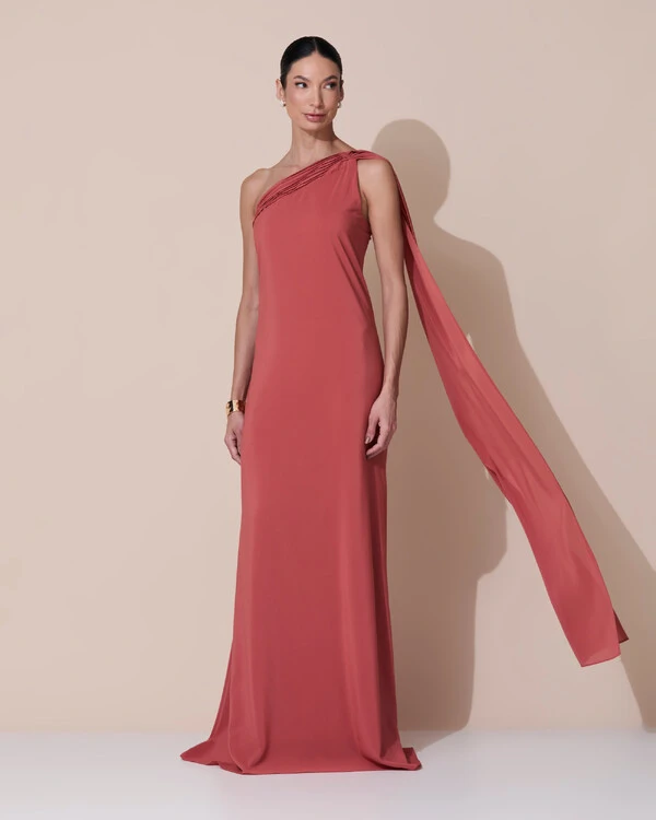 Vestido de Festa Longo Crepe Chiffon Um Ombro Só Drapeado Terracota