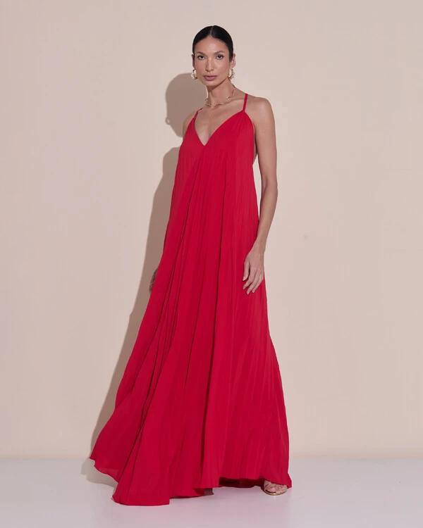 Vestido de Festa Longo Plissado Crepe Chiffon Decote V Alças Finas Vermelho