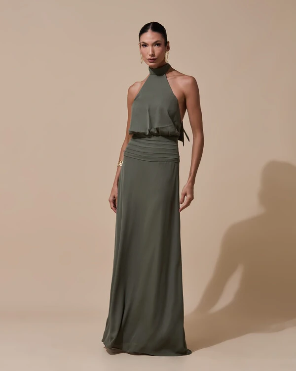 Vestido de Festa Longo Frente Única Busto Blousê Crepe Chiffon Drapeado Verde Oliva
