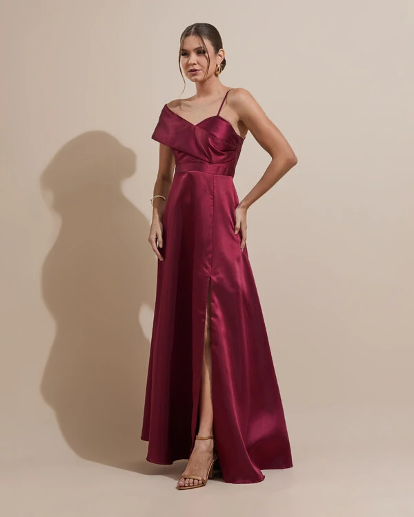 Vestido de Festa longo Faixa Ombro e Fenda Zibeline Marsala Escuro
