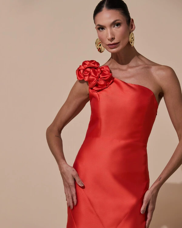 Vestido de Festa Longo Zibeline um Ombro Só Flor Removível Saia Sereia Laranja
