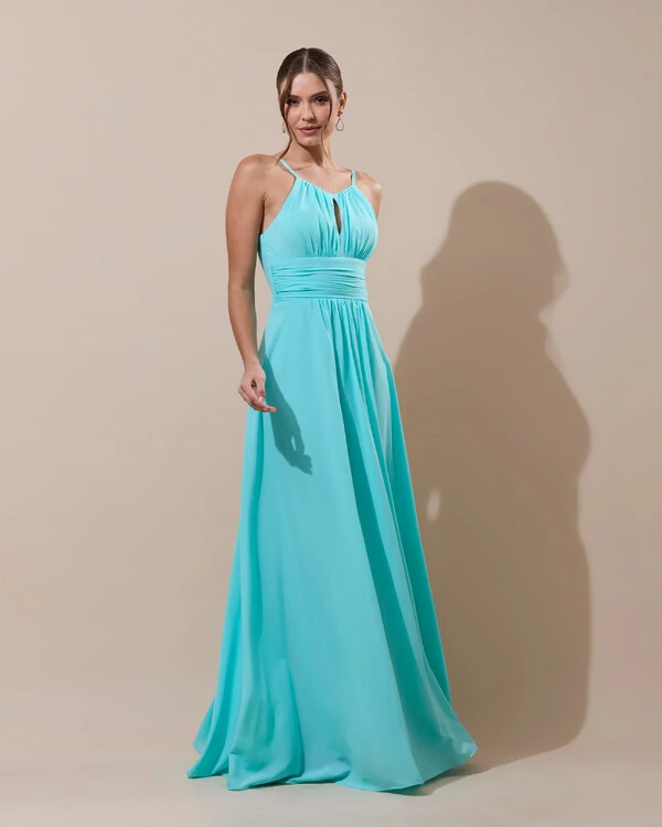 Vestido de Festa Longo Crepe Chiffon Drapeado com Alças e Saia Fluida Tiffany