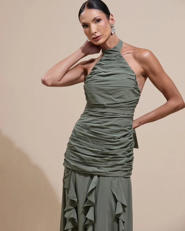 Vestido de Festa Longo Frente Única Crepe Chiffon Drapeado Babados Cascata Verde Oliva
