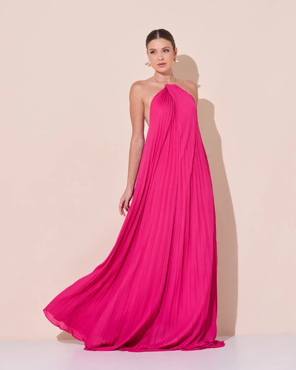 Vestido de Festa Longo Frente Única Plissado Crepe Chiffon Argola Pink Escuro