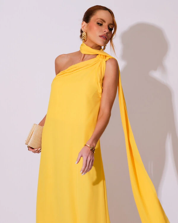 Vestido de Festa Longo Crepe Chiffon Um Ombro Só Drapeado Amarelo