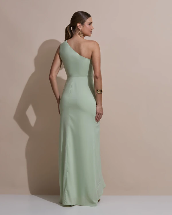 Vestido de Festa Midi Um Ombro Só Crepe Chiffon Babados Cascata Fenda Verde Menta New