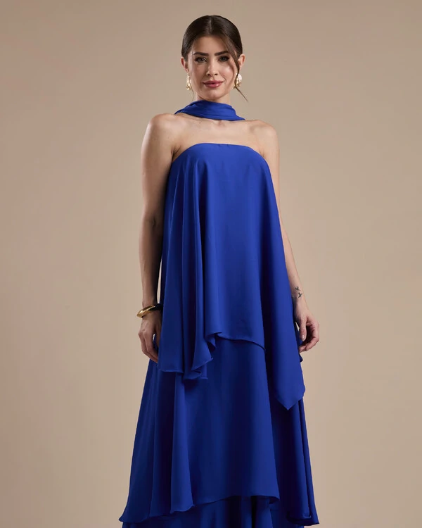Vestido de Festa Longo Chiffon Crepe em Camadas com Lenço Azul Royal