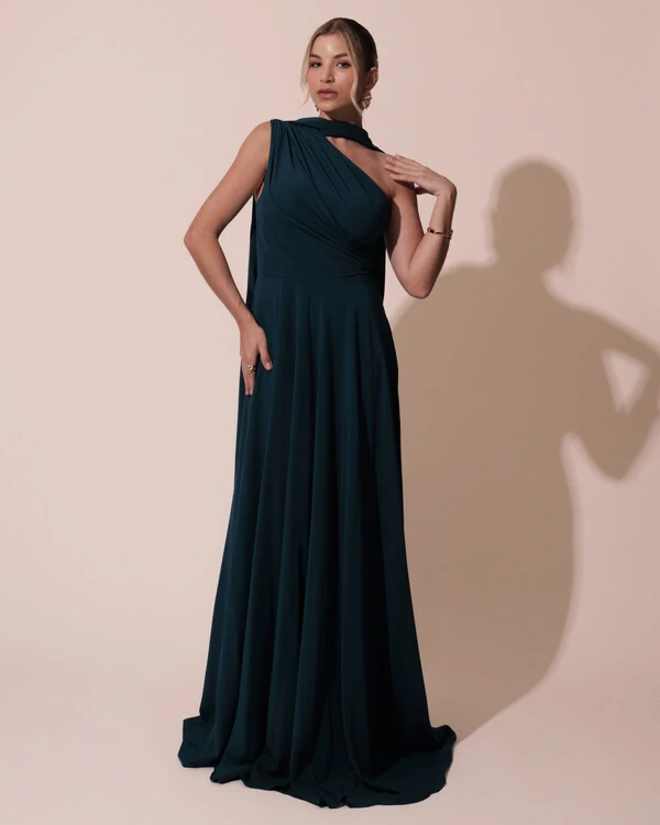 Vestido de Festa Longo Crepe Chiffon Um Ombro Só Drapeado com Lenço Verde Escuro