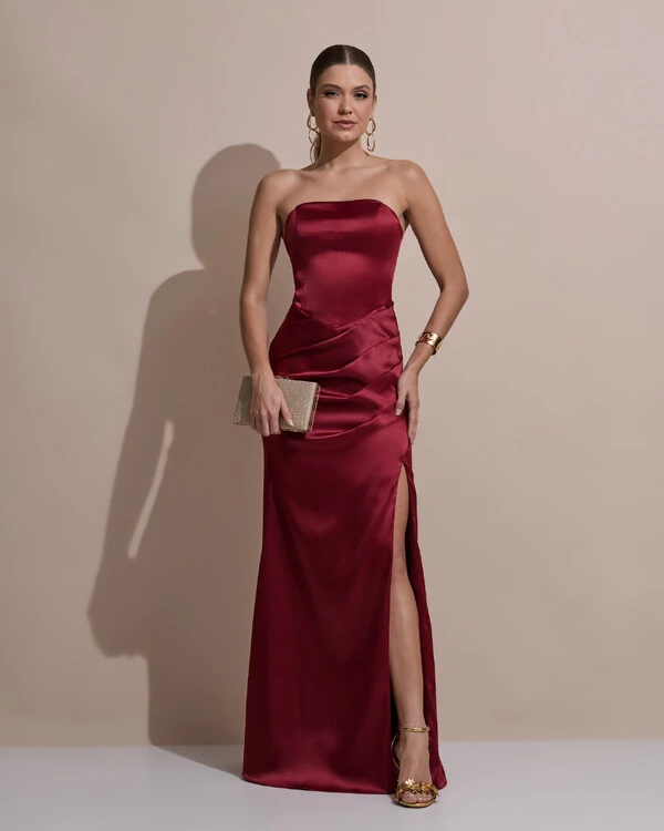 Vestido De Festa Longo Tomara Que Caia Drapeado Cetim Alfaiataria Trançado Costas Marsala