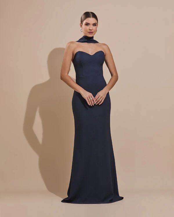 Vestido de Festa Longo Alfaiataria Tomara que Caia Saia Sereia com Lenço Azul Marinho Escuro