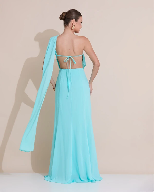 Vestido de Festa Longo Um Ombro Só Crepe Chiffon Lenço Tiffany
