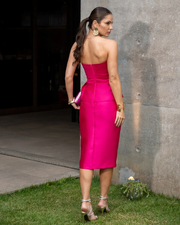 Vestido Midi Zibeline Tomara que Caia com Fenda Pink