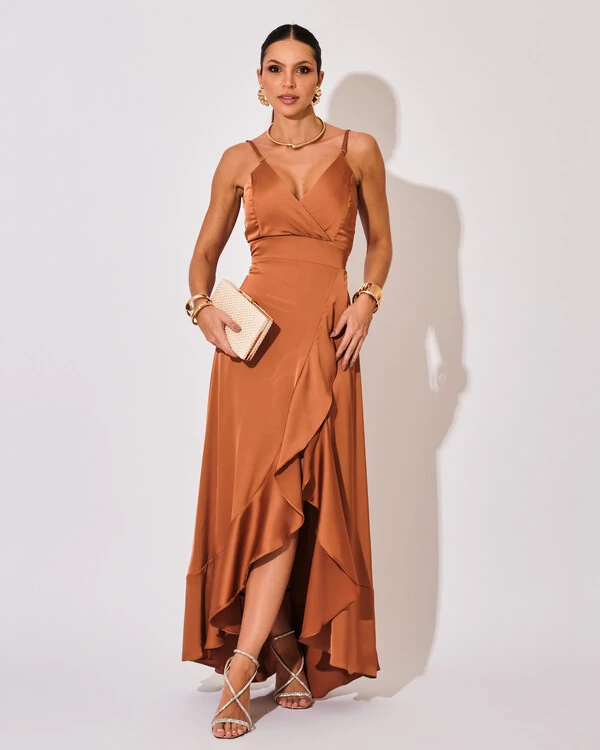 Vestido Midi Babado Acetinado Mocha Mousse