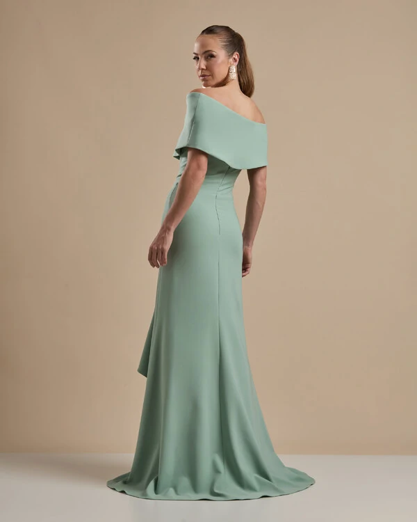 Vestido de Festa Longo Alfaiataria Ombro a Ombro com Babado Cascata Verde Menta
