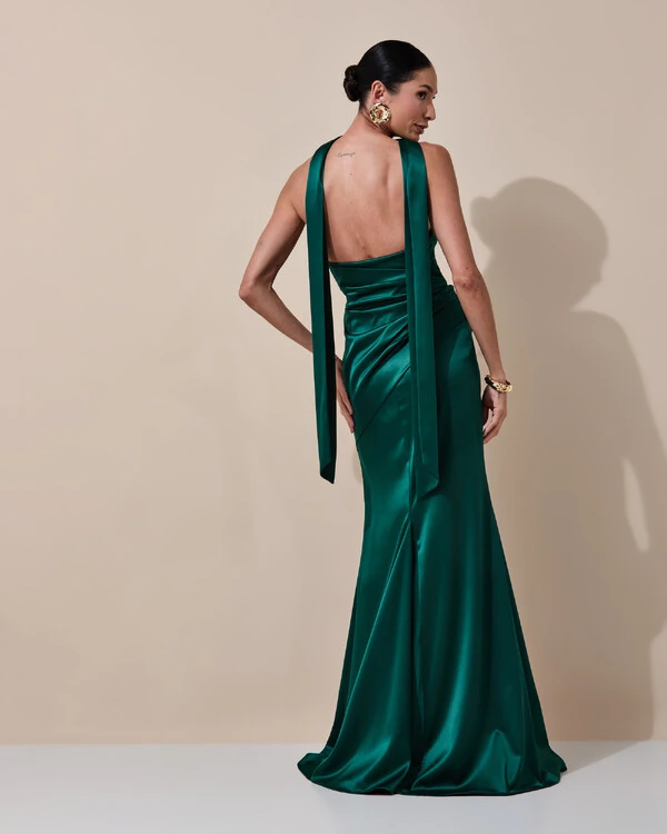 Vestido de Festa Longo Tomara que Caia Cetim Alfaiataria Drapeado Lenço Verde Escuro
