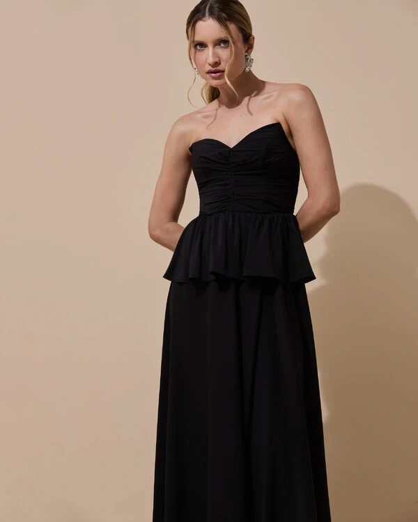 Vestido de Festa Longo Crepe Chiffon Tomara que Caia Peplum Drapeado Preto